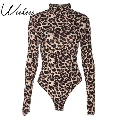 Weekeep Sexy Leopard Bodysuit Women Bodycon Turtleneck Bodysuits Long Sleeve Short Jumpsuits Romper One piece Femme Playsuit