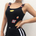 Weekeep Women Black High Waist Hollow Out Bodysuit Sexy Plaid Patchwork Bodycon Tank Bodysuits Adjustable Strap Romper Jumpsuit