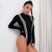 Weekeep Women Sexy Black Stripped Bodycon Bodysuit Spring Autumn Long Sleeve Bodysuits Front Zipper One Piece Romper Jumpsuits