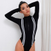 Weekeep Women Sexy Black Stripped Bodycon Bodysuit Spring Autumn Long Sleeve Bodysuits Front Zipper One Piece Romper Jumpsuits