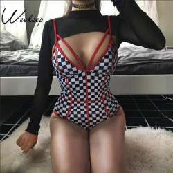 Weekeep Women Sexy Checkerboard Backless Bodysuit Summer Bodycon Cami Plaid Womens Jumpsuit Streetwear Body Feminino Bodysuits