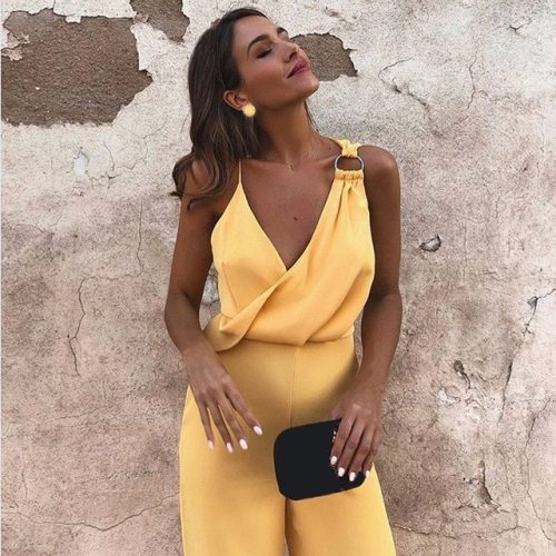 Wide Leg Jumpsuit 2018 Summer Deep V Neck Yellow Sleeveless Jumpsuit Vacation Women Jumpsuit