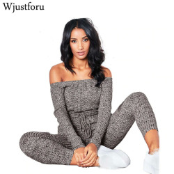 Wjustforu Sexy Off Shoulder Jumpsuits Women Long Sleeve Casual Rompers Knitted Hole Jumpsuit Female Elastic Waist Overalls