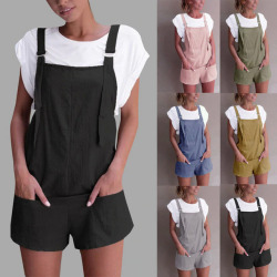 Women Elastic Waist Dungarees Linen Cotton Pockets Rompers Playsuit Strap Shorts Pants #1