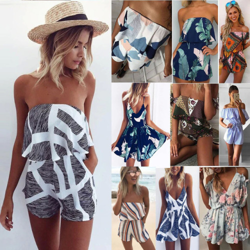 Women Jumpsuit 2019 Summer Sexy Slash Neck Striped Ruffle Body Femme Print Playsuit Rompers Beach Bodysuit Overalls For Ladies