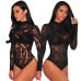 Women Long Sleeve Stretch Bodysuit Lace Sheer Leotard Body Shirt Party Lace V-Neck Top Nightwear Skinny Bodysuit