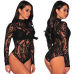 Women Long Sleeve Stretch Bodysuit Lace Sheer Leotard Body Shirt Party Lace V-Neck Top Nightwear Skinny Bodysuit