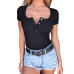 Women Short Sleeve Bodysuits Basic Solid Button Down Knitted Bodysuits Ribbed Stretchy Knit Skinny Bodycon Black White Bodysuits