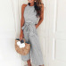 Women Summer O-neck Bowknot Pants Playsuit Sashes Pockets Sleeveless Rompers Overalls Sexy Office Lady Striped Jumpsuits