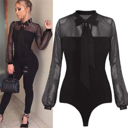 Women Transparent Tops Sexy Bodycon Long Sleeve lace bodysuit Jumpsuit Women Summer black sexy high waist causal Rompers#SA