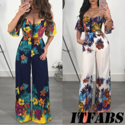 Women V Neck Off-shoulder Summer Jumpsuit 2018 New Lady Floral Printed Romper Clubwear Playsuit Casual Backless Jumpsuit&Romper