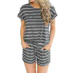 Women's Summer Striped Jumpsuit Shorts Casual Loose Short Sleeve O-neck Playsuits Female Rompers Pockets Overalls Plus Size K005