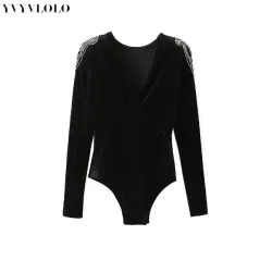YVYVLOLO 2018 Vintage Beaded decoration V Neck Bodysuit Women Summer Jumpsuits Short Body Suit Velvet Playsuit Body for Women