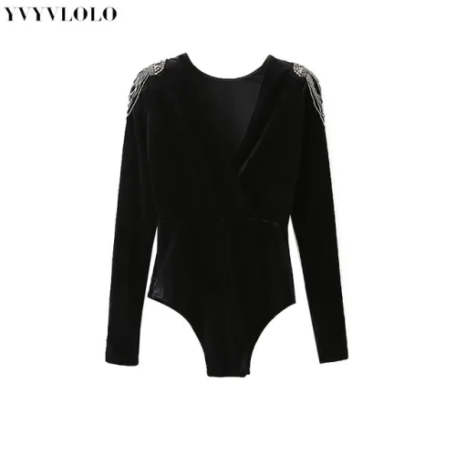 YVYVLOLO 2018 Vintage Beaded decoration V Neck Bodysuit Women Summer Jumpsuits Short Body Suit Velvet Playsuit Body for Women