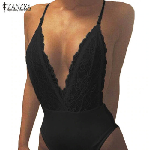 ZANZEA 2019 Summer Fashion Sexy Rompers Women Jumpsuit Deep V Neck Sleeveless Spaghetti Strap Backless Playsuit Lace Bodysuit