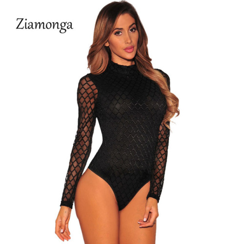 Ziamonga 2019 Black Sheer Mesh Long Sleeve Bodysuit Women Tops Bodycon Fitness Jumpsuit Romper Fashion Latex Sexy Slim Bodysuit