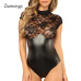 Ziamonga 2019 Sexy Bodysuit Women Sleeveless Mesh Bodysuit Top Sheer Lace Bodysuit Rompers Women's Zipper Front Bodycon Jumpsuit