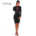 Ziamonga Fashion Design Cropped Mesh Patchwork Long Sleeve Black Bodycon Playsuit Button Hook Unique Design Women Sexy Bodysuit