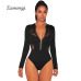 Ziamonga Fashion Design Cropped Mesh Patchwork Long Sleeve Black Bodycon Playsuit Button Hook Unique Design Women Sexy Bodysuit