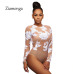 Ziamonga Sexy Summer Party Bodycon Jumpsuit Lace Embroidery Bodysuit Women 3D Flower Combinaison Femme Long Sleeve Mesh Bodysuit