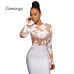 Ziamonga Sexy Summer Party Bodycon Jumpsuit Lace Embroidery Bodysuit Women 3D Flower Combinaison Femme Long Sleeve Mesh Bodysuit