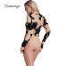 Ziamonga Sexy Summer Party Bodycon Jumpsuit Lace Embroidery Bodysuit Women 3D Flower Combinaison Femme Long Sleeve Mesh Bodysuit