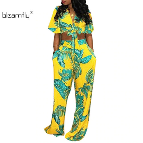 2018 Flower Striped Sexy Two Piece Set Women Deep V-Neck Crop Top And Summer Wide Leg Long Pant  Women 2 Pieces Suits Sets