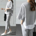 2019 Autumn Casual O-Neck Fake Two Pieces Top 3/4-Length Pants Two-piece Sets Loose Splits Sleeve Cotton Suits