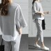 2019 Autumn Casual O-Neck Fake Two Pieces Top 3/4-Length Pants Two-piece Sets Loose Splits Sleeve Cotton Suits