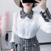 2019 Spring Elegant Women 2 Piece Set Women Tweed Tassels Chiffon Shirt Top + Gold Double-Breasted Woolen Pencil Mini Skirt Suit