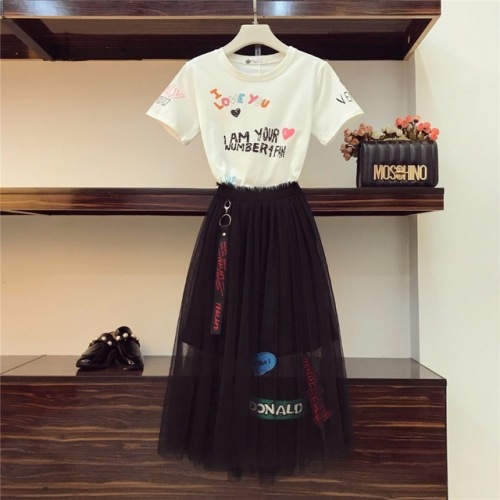 2019 Summer Gauze Skirt Suits Women New Graffiti Printing T-shirt & Black Mesh Skirts Set Girl Students Two - Piece Suit