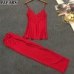 2Pcs Sexy Lingerie Women Sleeveless Silk Casual Loose Babydoll Tops Pants Nightgown Sleepwear Regular Size Solid Pajamas Set