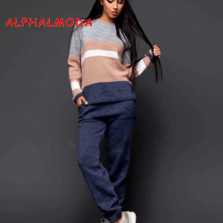 ALPHALMODA Ensemble Femme 2 pieces Pantalon Striped Long-sleeved Jumper + Trousers Female Knitting Sets