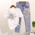 ALPHALMODA Heavy Work Embroidery Flower Tshirts + Jeans Women Summer 2pcs Fashion Suits Vogue Stylish European Fashion Sets