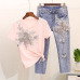 ALPHALMODA Heavy Work Embroidery Flower Tshirts + Jeans Women Summer 2pcs Fashion Suits Vogue Stylish European Fashion Sets