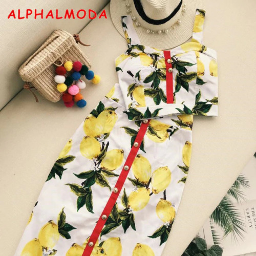 ALPHALMODA Summer Women Fashion Skirt Set Pineapple Printed Tank Top High Waist Step Skirt Female Holidays Skirt Suits