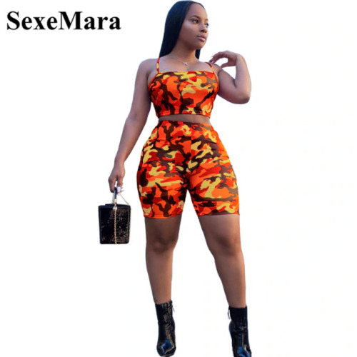 ANJAMANOR Camouflage Print Casual Two Piece Set Crop Top and Pants Summer Short Tracksuit Women Sexy Bodycon Romper D74-AA21