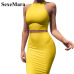 ANJAMANOR Crop Top and Skirt Two Pieces Dress Set Yellow Club Summer Outfit Sexy Clothes for Women Matching Sets D53-AZ17