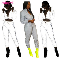 Adogirl Women Sexy Reflective Tracksuit Night Version Buttons Turn Down Collar Long Sleeve Crop Top + Casual Pants Two Piece Set