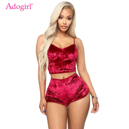 Adogirl Women Velvet Tracksuit Sexy V Neck Spaghetti Straps Crop Top + Shorts Fashion Night Club Suits Two Piece Set Outfits