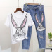 Amolapha Women Casual Sequins T Shirts Pants Suits Cartoon Printed Woman Loose Tshirt Calf-Length Denim Trousers Sets