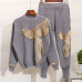 Amolapha Women Winter Handmade Beading Sequined Pattern  Long Sleeve Knitted Pullover Tops Trousers 2PCS Clothing Sets