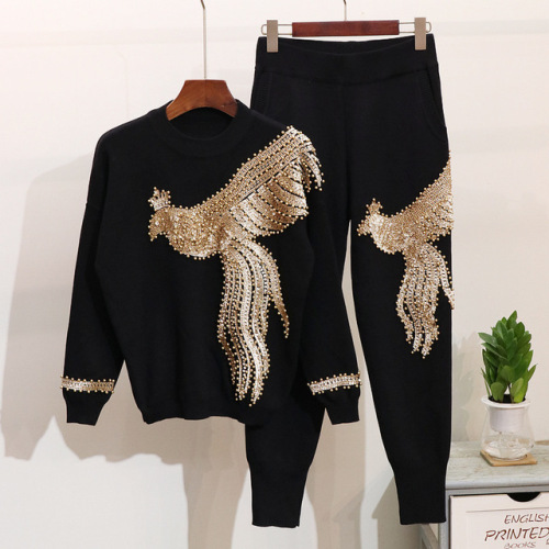 Amolapha Women Winter Handmade Beading Sequined Pattern  Long Sleeve Knitted Pullover Tops Trousers 2PCS Clothing Sets