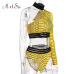 ArtSu Summer 2 Piece Short Set Women One Shoulder Yellow Off Shoulder Crop Top Plaid Shorts Boho Tracksuit Suits ASSU20101