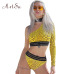 ArtSu Summer 2 Piece Short Set Women One Shoulder Yellow Off Shoulder Crop Top Plaid Shorts Boho Tracksuit Suits ASSU20101