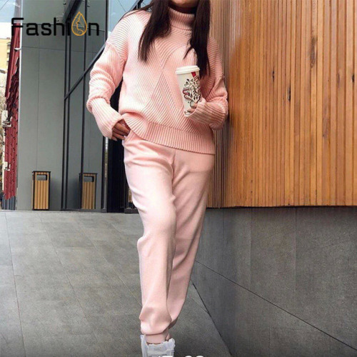 Autumn Winter Knitted Tracksuit Turtleneck Sweatshirts Casual Suit Women Clothing 2 Piece Set Knit Pant Sporting Suit Female