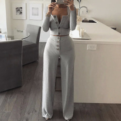 Autumn Women Knitted Rib Sexy 2 Piece Set Women 2018 Winter Casual Gray  Matching Sets Outfit 2 Piece Set Elegant Straight Pants