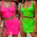 BKLD Neon Green Hot Pink Transparent Mesh Two Piece Sets Casual Beach Outfits Women Sexy Hollow Out Bodycon Mini Skirt+Crop Tops