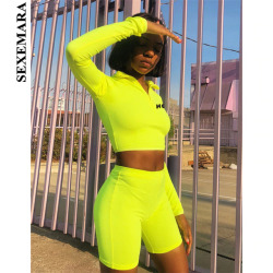 BOOFEENAA Fluorescent Sexy 2 Piece Set Women Tracksuit Long Sleeve Crop Top and Biker Shorts Matching Sets Neon Sweatsuit C70AD9