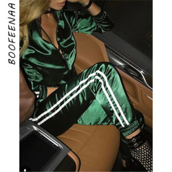 BOOFEENAA Spring 2019 Casaul Tracksuit Women 2 Piece Set Top And Pants Satin Striped Patchwork Zipper Sexy Sweatshirt Sweat Suit